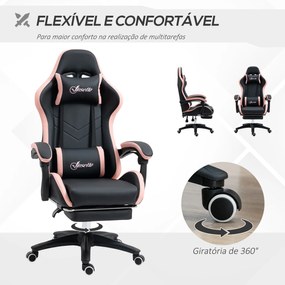 Cadeira Gaming de Couro PU com Altura Ajustável Reclinável 135° e Apoio para os Pés Retrátil 65x65x121-129 cm Rosa e Preto