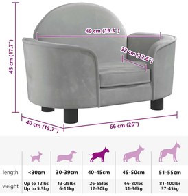Cama para cães 66x40x45 cm veludo cinzento-claro
