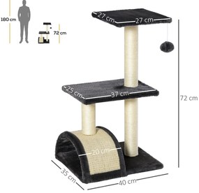 Arranhador para Gatos Médio de 3 Níveis  com Postes de Sisal Placa para Arranhar e Bola Suspensa 40x35x72 cm Cinzento Escuro