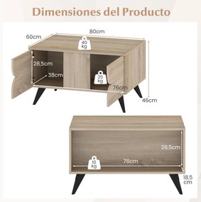 Mesa de centro Moderna 80 x 60 x 46 cm com Armazenamento e com Compartimento Aberts e 3 Gavetas 4 Pernas Natural