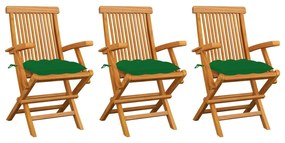 Cadeiras de jardim c/ almofadões verdes 3 pcs teca maciça