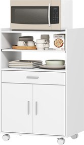 Carrinho de cozinha com rodas 59 x 40 x 92 cm, carrinho para micro-ondas com rodas, armário, gaveta e prateleiras, branco