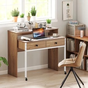 Secretária extensível, mesa pequena para computador com 2 gavetas e rodas 100 x 63 x 88 cm natural
