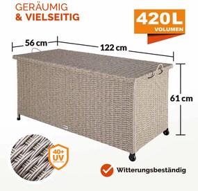 Caixa exterior para almofadas em Polyrattan 117x53x60cm Rodas Creme