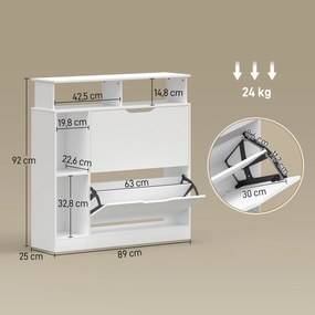 Sapateira 89 (L) x 25 (P) x 92 (A) cm, 2 gavetas rebatíveis, compartimentos abertos e prateleira ajustável, branca
