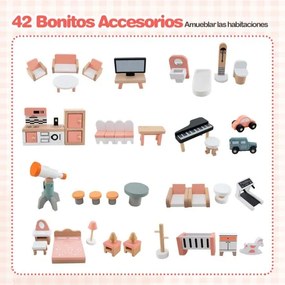 Casa de bonecas de madeira com telhado 82,5 x 107 x 94,5 cm, 41 móveis e acessórios Casa dos sonhos DIY com 3 andares e 6 quartos Laranja