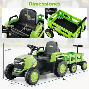 Trator Elétrico para crianças de 12V com Reboque Desmontável Comando à Distância Faróis LED Buzina Música Arranque Verde