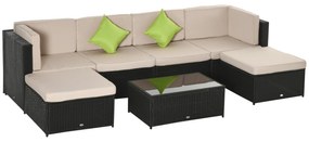 Outsunny Conjunto de Móveis de Jardim de Vime PE Conjunto de 7 Peças Mesa Sofás Bancos com Almofadas Laváveis Preto Areia e Verde