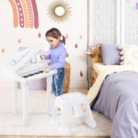 Teclado de piano eletrónico infantil com 31 teclas, piano de brinquedo portátil com banco e microfone LED 35 x 30 x 55 cm Branco