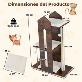 Arranhador para gatos 80 x 40 x 120 cm de interior Torre de madeira com poste de sisal para arranhar Bolas suspensas Almofadas de pelúcia laváveis Cas