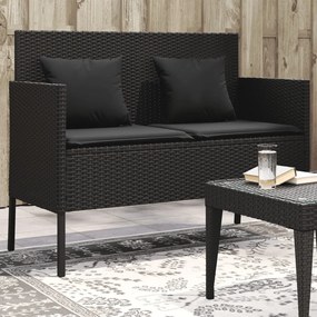 vidaXL Banco de jardim com almofadões vime PE preto