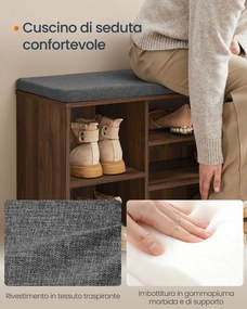 Banco para sapatos 30,5 x 104 x 48 cm com espaço de arrumação e compartimentos abertos ajustáveis castanho-noz natural - cinzento ardósia