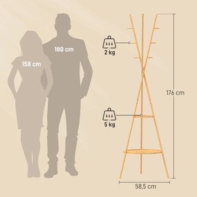 Cabide de Pé em Bambu Cabide para Roupas com 2 Prateleiras e 9 Ganchos Design Elegante 58,5x58,5x176 cm Madeira