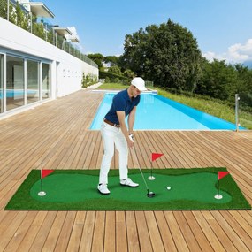 Tapete de treino de golfe profissional com relva artificial realista, 3 buracos, 3 bandeiras e taças de prática de putting 3 x 1 m Verde