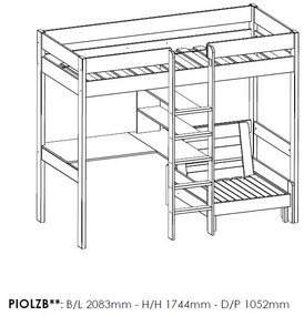 Cama alta de Criança PINO 90 x 200 cm + estrado + escada + secretária + 3 prateleiras + sofá-cama Cinzenta