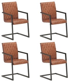 Cadeiras de jantar cantilever 4 pcs couro genuíno castanho