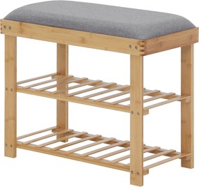 Banco para sapatos 60 x 29 x 50 cm com 2 prateleiras e almofada cinzenta integrada em bambu