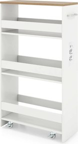 Carrinho cozinha 47,5 x 20 x 80,5 cm estreito de 20 cm com estação de carregamento de 4 níveis branco + natural