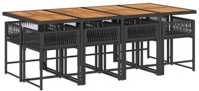 9 pcs conjunto de jantar p/ jardim c/ almofadões vime PE preto