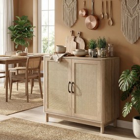 Aparador de sala 76 x 35 x 75,5 cm, móvel de arrumação com 2 portas em rattan, prateleira ajustável e cantos arredondados, cor carvalho