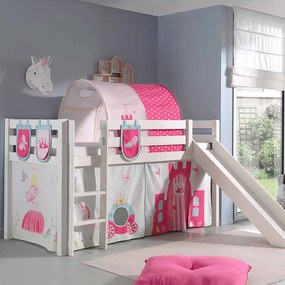 Conjunto Cama alta de Criança PINO 90 x 200 cm + estrado + escada + escorrega + cortina + 3 bolsas + túnel Princesa branca