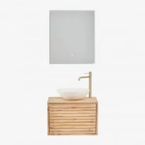 Conjunto De Móveis De Banheiro De Madeira Suspensos Deleyna Madeira Natural & Cimento Redondo Branco Ø40 Cm Zavion & Led - Sklum
