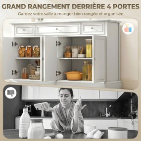 Aparador de sala 136 L x 38 P x 80 A cm, móvel de arrumação com 3 gavetas, 4 portas com fecho suave e prateleiras ajustáveis, branco