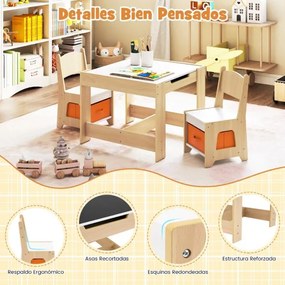 Conjunto de mesa e duas cadeiras infantis com tampo duplo, gavetas de tecido e estrutura de madeira para desenhar, ler ou brincar Natural