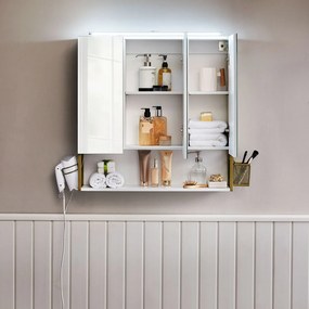 Armário de espelho com iluminação casa de banho de parede 70 x 14,5 x 70 cm branco-dourado