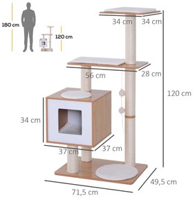 Árvore Arranhadora para Gatos de Madeira 71,5x49,5x120cm Torre para Gatos com Caverna Plataformas Postes Arranhadores de Sisal Almofadas de Pelúcia Su