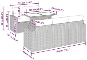 6 pcs conjunto sofás de jardim com almofadões vime cinzento