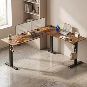 Secretária de canto em forma de L, secretária com altura ajustável, 190 x 155 x (72-120) cm castanho