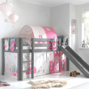Conjunto Cama alta de Criança PINO 90 x 200 cm + estrado + escada + escorrega + tunel + cortina + bolsas de arrumação Princesa Cinzenta
