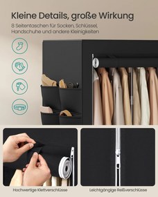 Guarda roupa em tecido 45 x 127 x 180 cm com varão e prateleiras práticas preto