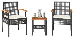 vidaXL Conjunto de bistrô com almofadões 3 pcs vime PE e acácia preto