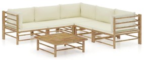 6 pcs conj. lounge p/ jardim em bambu c/ almofadões branco nata