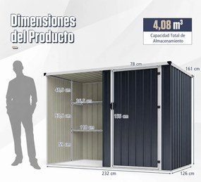 Abrigo para Ferramentas, 232 x 126 x 161 cm, Compartimento com Fechadura, Cinzento
