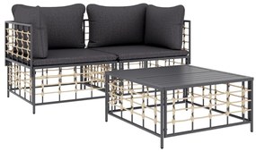 3 pcs conjunto lounge de jardim c/ almofadões vime PE antracite