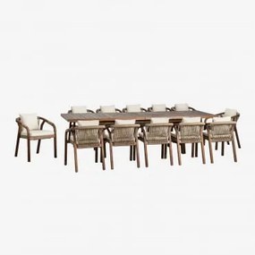 Conjunto De Mesa Retangular Extensível 200-260-320x100 Cm E 12 Cadeiras De Jardim Com Apoios De Braços Em Madeira De Acácia Duba Tecido Gardénia Branc