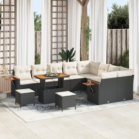 Conjunto de Sofá de Jardim vidaXL com Almofadas 12 Peças Preto Vime Sintético Acácia