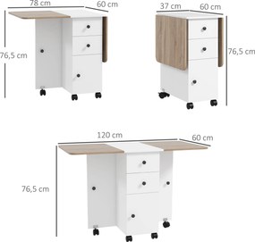 Mesa de jantar dobrável com Rodas 120x60x76,5 cm (CADEIRAS NÃO INCLUIDAS) com 2 Gavetas e Armário Mesa Auxiliar Multifuncional  Branco