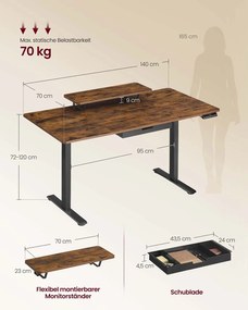 Secretária elétrica 140 x 70 x (72-120) cm com altura ajustável, suporte para monitor e USB castanho vintage