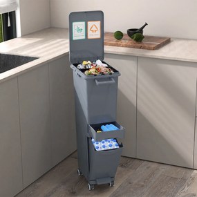 Caixote do lixo multifuncional 36 x 25 x 84 cm com pedal, base inclinável, gaveta com 2 compartimentos e autocolantes de classificação para cozinha e