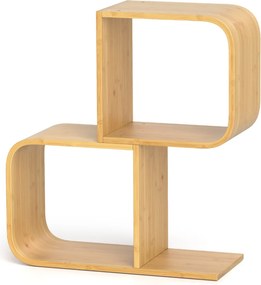 Estante de bambu de 2 níveis em forma de S com 2 cubos abertos geométrica para escritório em casa Natural