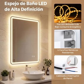 Espelho LED 70x50cm com luzes de 3 cores, antiembaciamento e luz regulável prateada