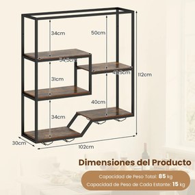 Garrafeira de parede para vinhos 102 x 30 x 112 cm com 6 prateleiras e suporte para copos Castanho rústico