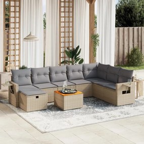 9 pcs conj. sofás jardim c/ almofadões vime PE bege misturado