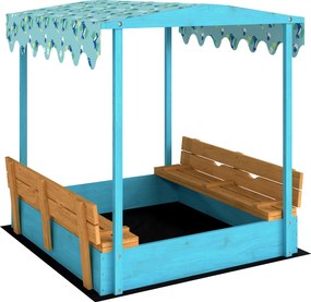 AIYAPLAY Caixa de Areia para Crianças 3-6 Anos com Cobertura Dinossauros, Assentos Dobráveis, Tampa e Forro Incluídos, Caixa de Areia em Abeto, 134.5x127.5x130 cm, Azul | Aosom Portugal