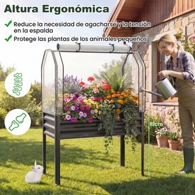 Floreira elevada com estufa 112 x 55 x 152 cm, canteiro de jardim em metal galvanizado com cobertura de proteção e porta enrolável para pátio, terraço