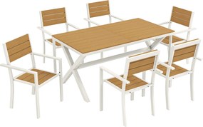 Outsunny Conjunto de móveis de jardim 7 peças Mesa com 6 Cadeiras empilháveis Aparência de madeira Estrutura em alumínio Teak | Aosom Portugal